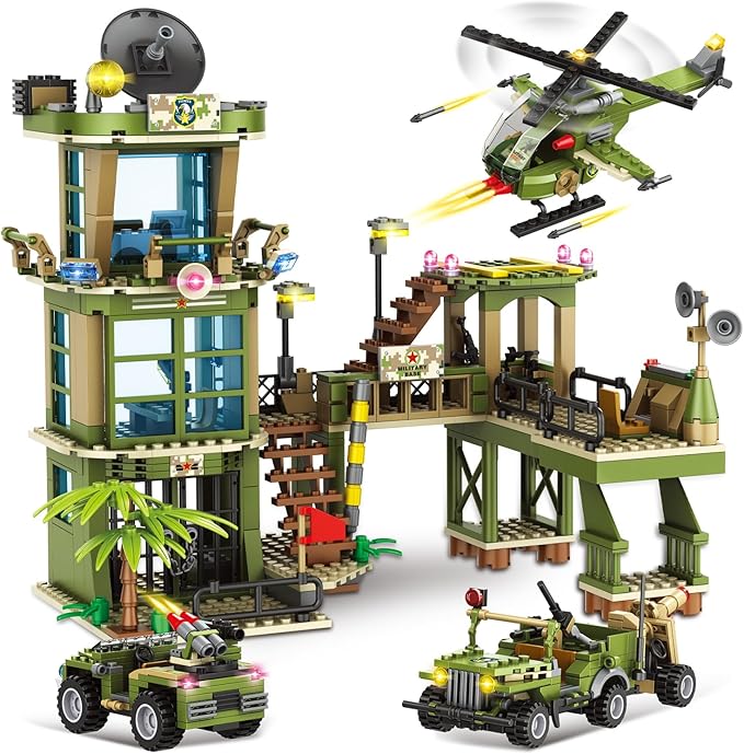 City Military Base Building Block, Compatible with Lego Military Base, Army Toy with War Helicopter, Marine Artillery Vehicle, Police Car, Gift for Kid 6 7 8 9 10 11 12 13 14 Years Old (811 Pieces)