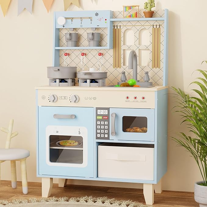 BIERUM Play Kitchen with Realistic Lights & Sounds, Wooden Kitchen Playset Chef Pretend Play Set for Toddlers, Toy Kitchen with 26 Pcs Toy Food & Cookware Accessories, Gift for Ages 3+