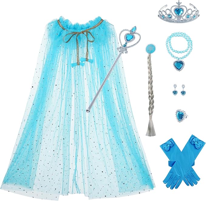Princess Cape Set Dress Up Accessories Party Cosplay Cloak Costumes with Tiara Crown Wand Wig Golves for Little Girls
