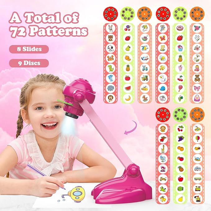 Hoarosall Drawing Projector for Kids, Art and Craft Kit, Toys for Girls Aged 3+, Drawing Supplies, Including Colored Pencils, Crayons, Coloring Books, Gift for 3+ Year Old Girls (Rose Red)