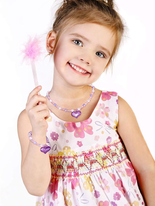 Zhanmai 2 Pcs Girl Princess Necklace Bracelet Set Lovely Princess Heart Shape Beads Necklace Stretchy Jewelry Set Girls Costume Jewelry Gift Party Favors for Dress up