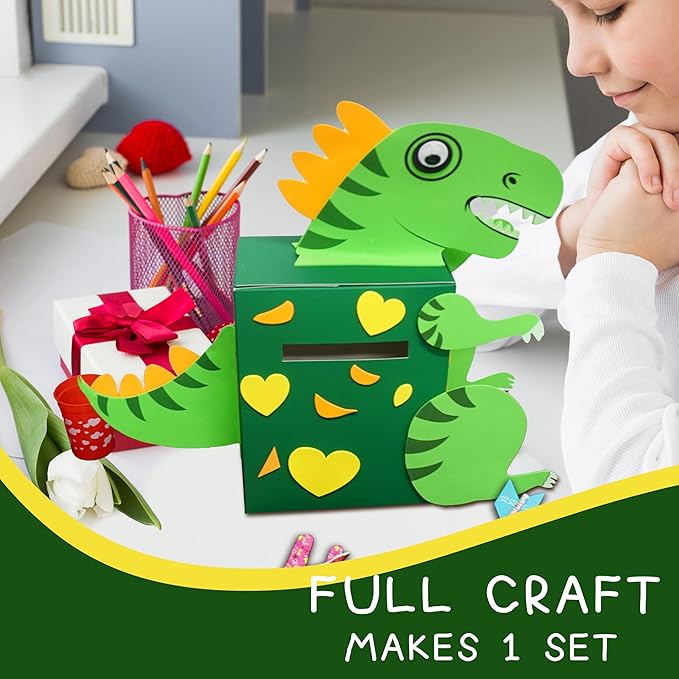 4E's Novelty DIY Dinosaur Valentines Card Box Craft Kit - Makes 1 Valentines Day Crafts for Kids, Valentine Mailbox for Classroom Exchange Party Activity Mail Box Crafts for Kids Girls Boys