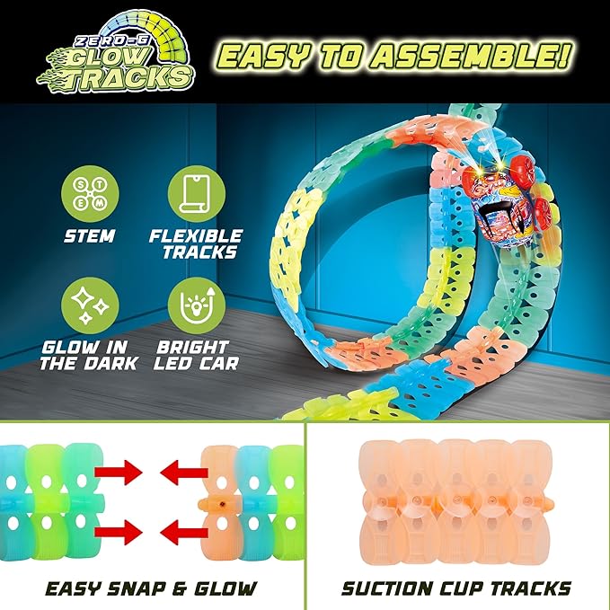 USA Toyz Zero-G Glow Race Track for Kids- 105pcs Glow in The Dark Flexible Race Track Set with Suction Cups, Slot Car, 2 Graffiti Toy Cars Shells, STEM Toy LED Car Tracks for Boys and Girls Age 3+