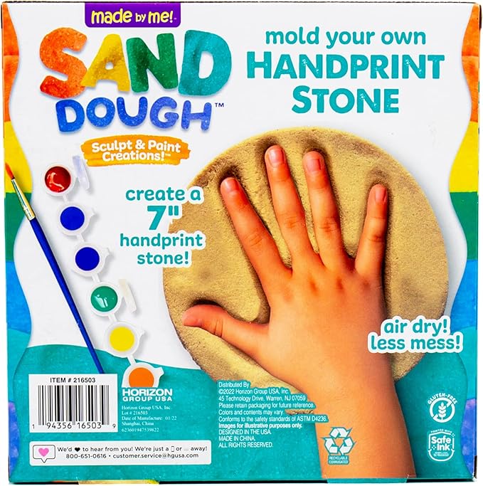 Made By Me! Sand Dough Sculpt & Paint Creations! Mold Your Own Hand Print Stone, DIY 7-inch Handprint Stone Kit, Mess-Free Stepping Stones, Staycation Activity, Keepsake Gift for Kids Ages 4+