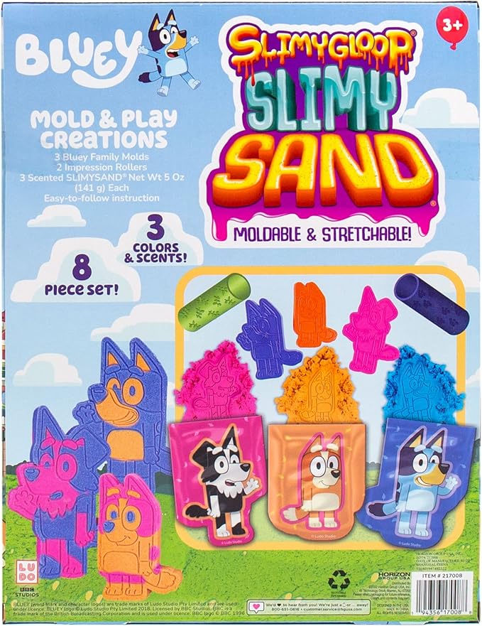 Horizon Group USA Bluey SLIMYGLOOP Slimy Sand Mold & Play Creations, 8-Piece Playset, 3 Scented Colors, Sensory Activity for Kids Ages 3, 4, 5, 6, 7, 8, Multi, Medium