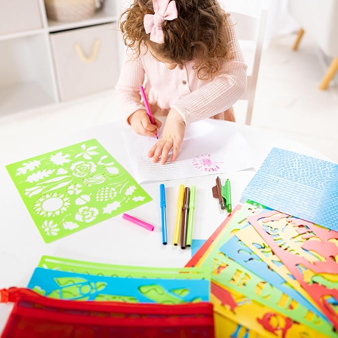 Melissa & Doug Created by Me! Stencil Art Coloring Activity Kit in Storage Pouch - 170+ Designs, 6 Markers, 2 Crayons, Paper - FSC-Certified Materials