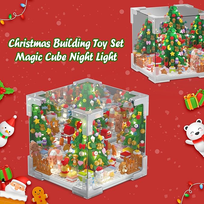 Wowok Christmas Tree Building Blocks Set, LED Infinity Mirror Cube, DIY Night Light Building Toy, Christmas Home Decoration Table Lamp Lovely Xmas Gift for Kids Adults Holiday Family Friends