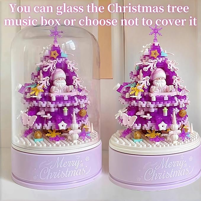 Christmas Tree Building Blocks Set for Kids - 2024 Rotating Christmas Tree Music Box with Glass Cover Xmas Holiday Construction Toy Gift for Boys and Girls (706PCS)