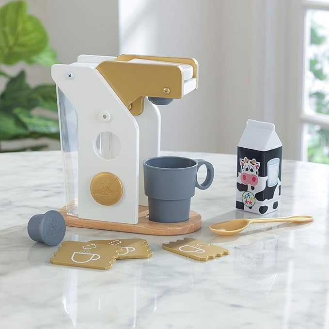 KidKraft Metallic Toy Coffee Maker with Capsules, Accessory for Kids' Kitchen, Wooden Toy Kitchen Appliance Set for Kids, Play Kitchen Accessories, Kids' Toys, 53538