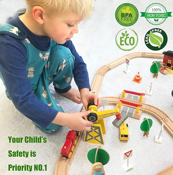 Tiny Land 55PCS Wooden Train Set - Compatible with Major Brand Tracks, Educational Toy for Toddlers & Kids Ages 3-7, Durable Wooden Railway Tracks