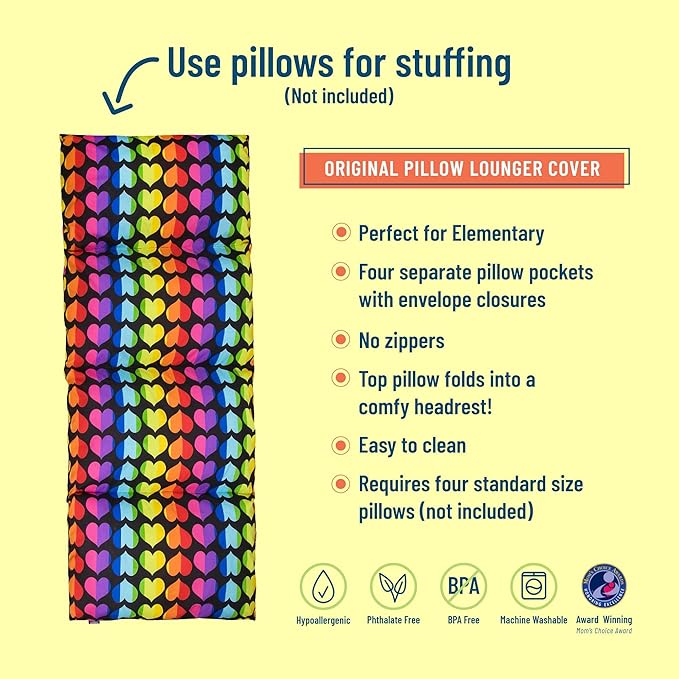 Wildkin Kids Floor Lounger: Ideal for Boys and Girls, Travel-Friendly, Perfect for Sleepovers - Pillow Lounger for Kids, Requires Standard Size Pillows Not Included (Rainbow Hearts)
