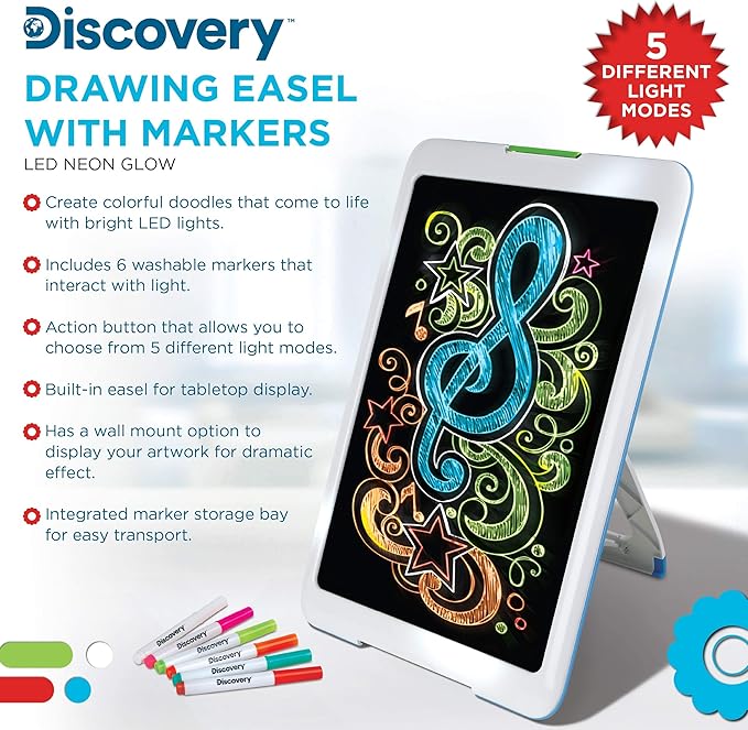 Discovery Kids Neon Glow Drawing Easel w/ 6 Color Markers, Built-in Kickstand/Wall Mount, 5 Light Modes, Easy Clean/Washable, Wide Screen, Flat Storage, Portable Travel Activity, Electronic Activity