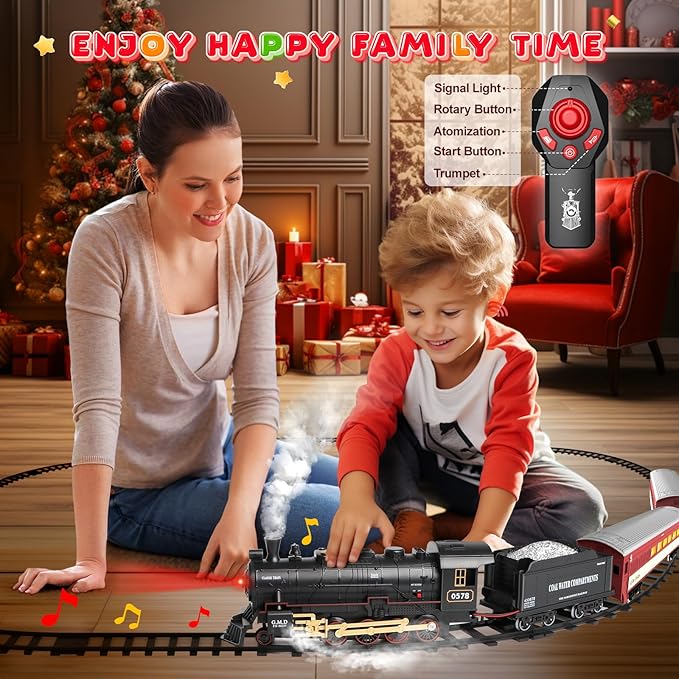 Hot Bee Train Set for Boys,Remote Control Christmas Train Sets w/Steam Locomotive,Light Passenger Cars & Tracks,Trains Toys w/Smoke,Whistle & Lights,Christmas Toys Gifts for 3 4 5 6 7 8+ Year Old Kids