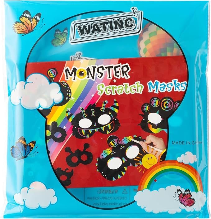 WATINC 28pcs Monster Scratch Mask Gift Set for Kids, Halloween Party DIY Magic Scratch Paper Monster Masks, Xmas Party Favors Craft Kit School Classroom Activity Art Project