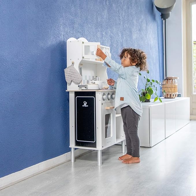 New Classic Toys Wooden Pretend Toy Kitchen for Kids with Role Play Bon Appetit Electric Cooking Included Accesoires Makes Sound, Modern White