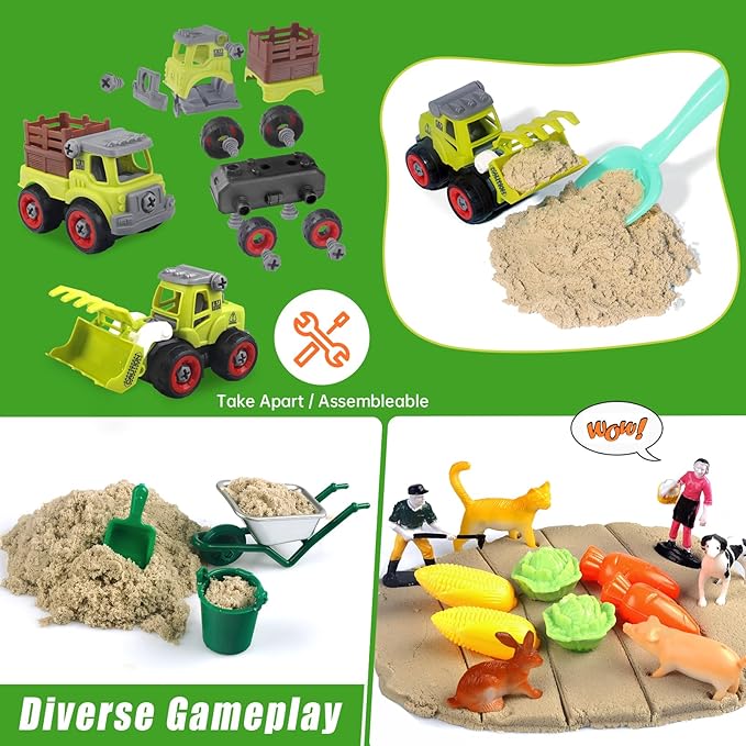 Farm Sensory Bin, Farm Toys & 2.2lbs Play Sand, Farm Animals, Farm Trucks, Sand Box with Lid, Christmas Birthday Gift for Kids Toddlers Ages 3 4 5 6 7 8