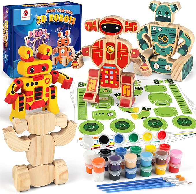 Mocoosy 4 Wooden Robot Toys for Kids Ages 3-5, Building & Painting Your Own Robot Craft Kit with Paints and Stickers, Wood Robot Painting Art Supplies Educational Gift for 6 8 10 12 Years Old