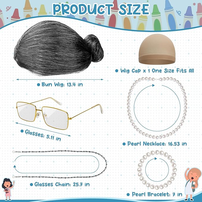 Old Lady Costume for Kids Women, 100 Days of School Black White Bun Wig Glasses Wig Cap Pearl Necklace Bracelet Accessories