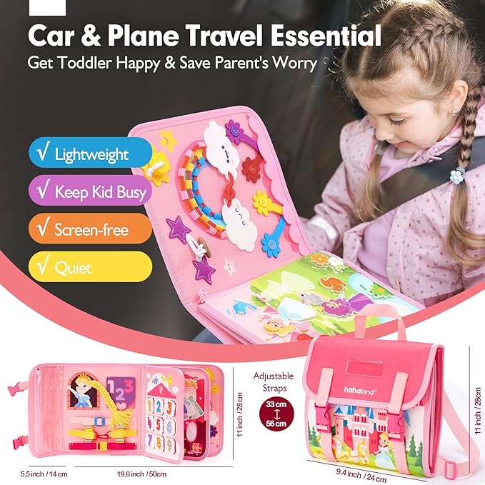hahaland Montessori Toys for Ages 2-4, Busy Board 1-4 Year Old Girl Birthday Gift 17 in 1 Preschool Learning Activities with 12 Life Skill, Number,Shape,Dressup,Animal,Figures,Baby Girl