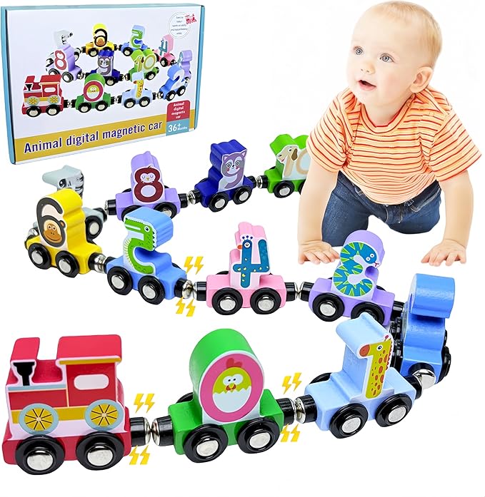 Toddlers Toy for 1 2 3 Years Old Boys Girls, 12 Magnetic Wooden Animal Digital Train Set with Storage Bag，Montessori Toys for 2-3 Years Old Toddlers, Christmas Birthday Easter Gift for Baby Toddlers