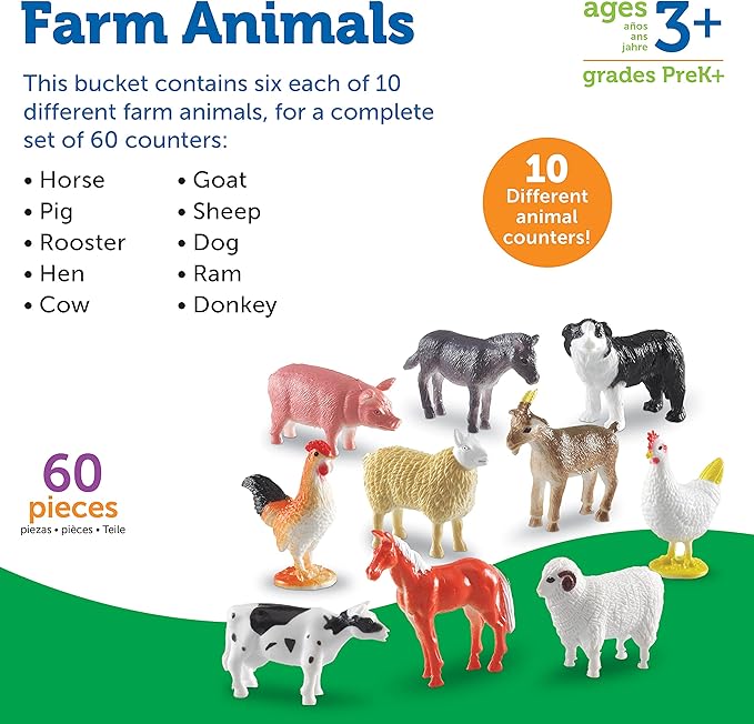 Learning Resources Farm Animal Counters - 60 Pieces, Ages 3+ Toddler Learning Toys, Farm Animals Toys, Develops Counting and Matching Skills