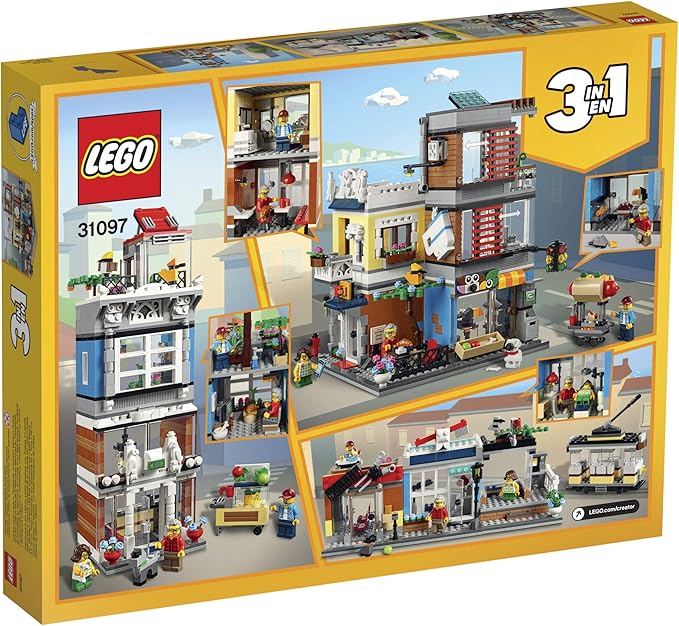 LEGO Creator 3 in 1 Townhouse Pet Shop & Café 31097 Toy Store Building Set with Bank, Town Playset with a Toy Tram, Animal Figures and Minifigures (969 Pieces)