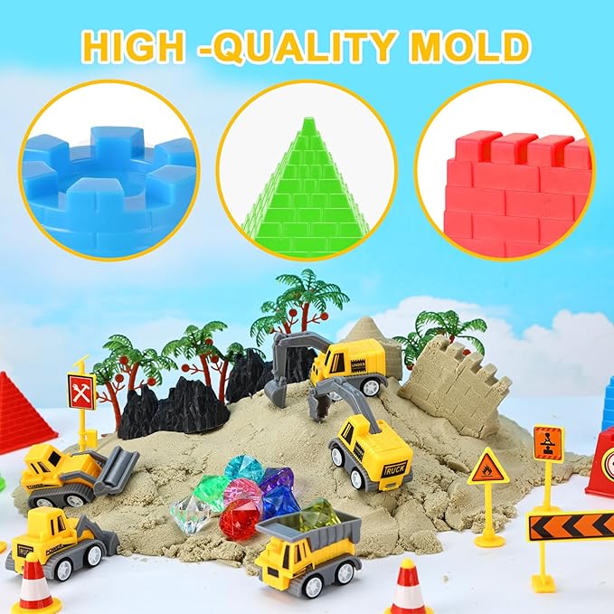 Eaistose Play Construction Sand Sets, Sensory Bin Toy with 1.65lbs Magic Sand, 5 Construction Vehicles,9 Road Signs and 8 Molds, 2 Tools,Sand Box Toys for 3 4 5 6 7 8 Years Old Boys Kids…