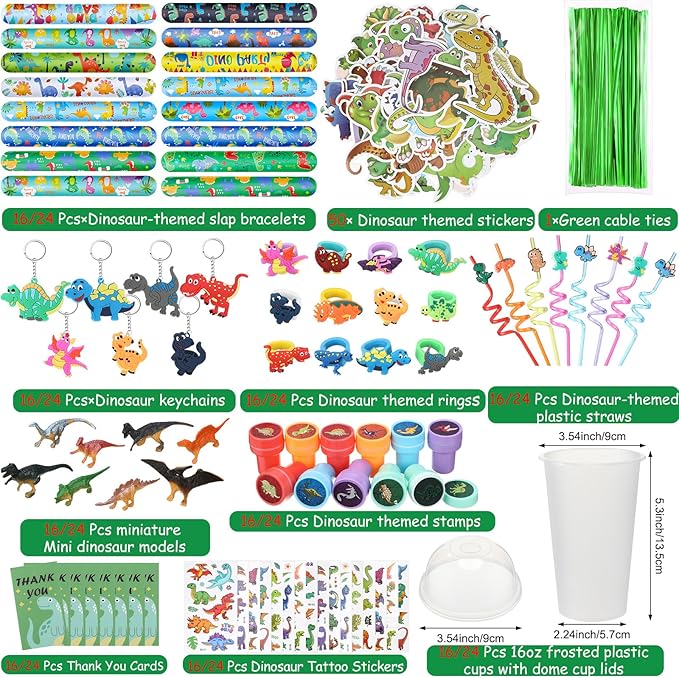 Qilery 267 Pcs Mermaid Party Unicorn Party Dinosaur Party Shark Party Favors Includes Plastic Cup with Lid Straw Keychain Bracelet Ring Stamper Stickers Tag For Party Favors Piñata Filling (Dinosaur)