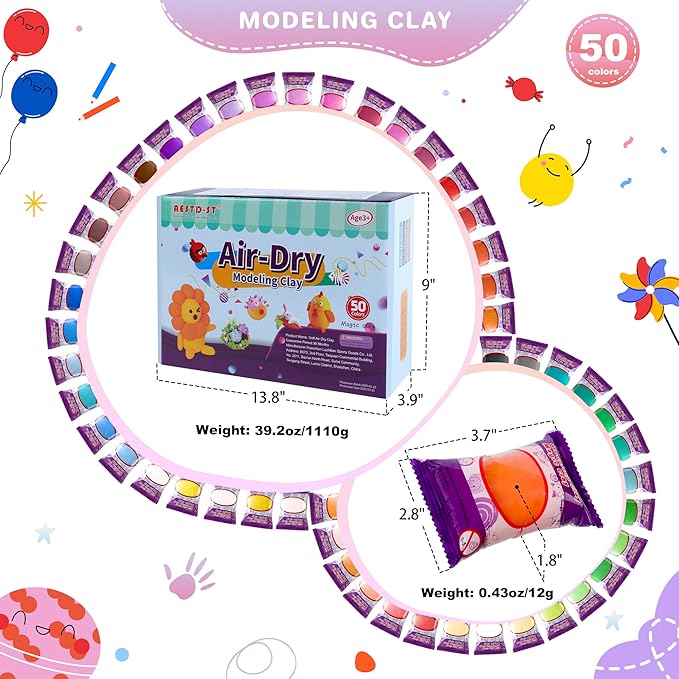 Air Dry Clay 50 Colors, Modeling Clay for Kids, DIY Model Magic Clay, Molding Clay Kit with Sculpting Tools, Non-Sticky Soft and Super Light, Arts and Crafts Gift for Boys Girls Kids.