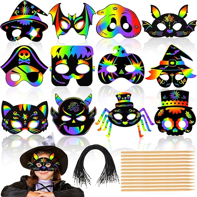 AUGSUN Halloween Crafts, Rainbow Scratch Mask for Halloween Party Favors Supplies Magic Scratch Paper Art Mask for Kids