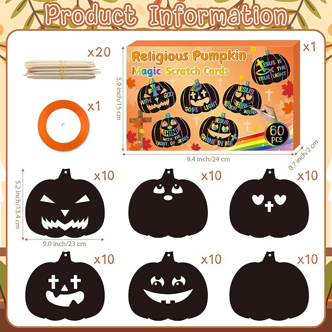 B1ykin Fall Religious Pumpkin Scratch Card - DIY Autumn Magic Scratch Cards Craft Kit for Kids, Christian Black Bible Hanging Tags Party Favors for Thanksgiving Sunday School Classroom Art Activity