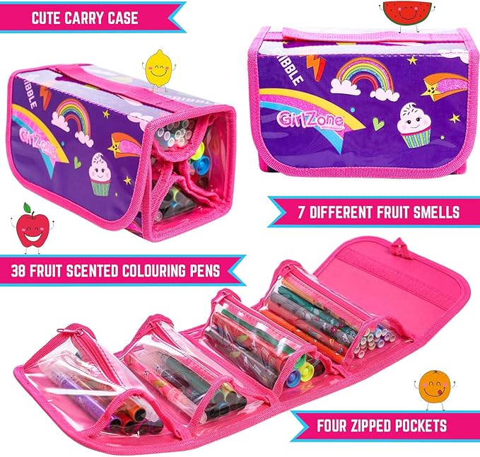 GirlZone Fruit Scented Markers Set with Case, 38 Vibrant Colors, Washable Art & Craft Kids Marker Set for Drawing, Sketching and Coloring, Rainbow Gifts for Kids, Girls Birthday