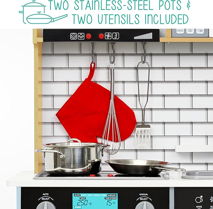 Lil' Jumbl Kids Natural Small Kitchen Set, Pretend Wooden Play Kitchen, Includes Range Hood, Microwave, Stove Top, Oven That Make Realistic Sound & Light, Pots, Pan, Cutting Board & Utensils Included,