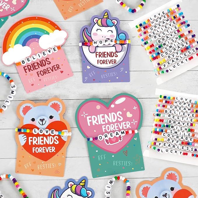 DAZONGE Valentines Day Gifts for Kids, Pack of 24 Friends Forever Valentines Cards with Friendship Bead Bracelets for Classroom Prizes, Exchange Gift, Valentine’s Day Cards for Kids School