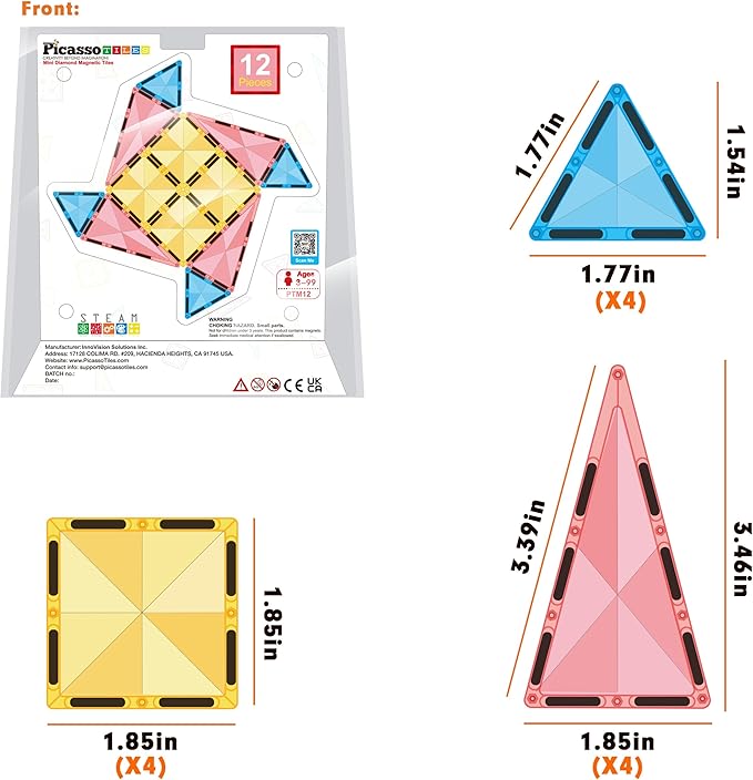 PicassoTiles Magnet Tile Building Blocks Mini Diamond Series Magnetized Toy Travel Size Compact Portable Magnetic Construction Block STEM Sensory Toy Early Education Learning Kids Ages 3+ PTM12