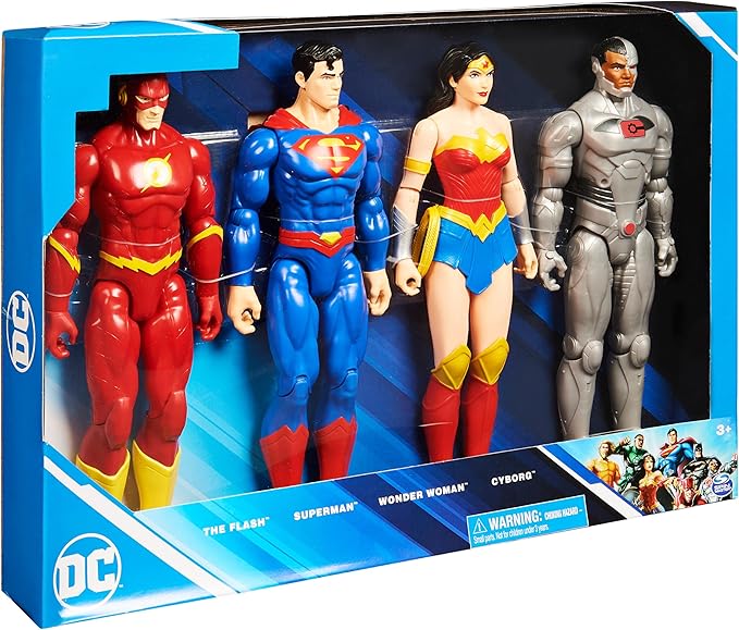 DC Comics 12-inch Action Figure 4-Pack with Superman, The Flash, Wonder Woman and Cyborg, Kids Toys for Boys and Girls Ages 3+