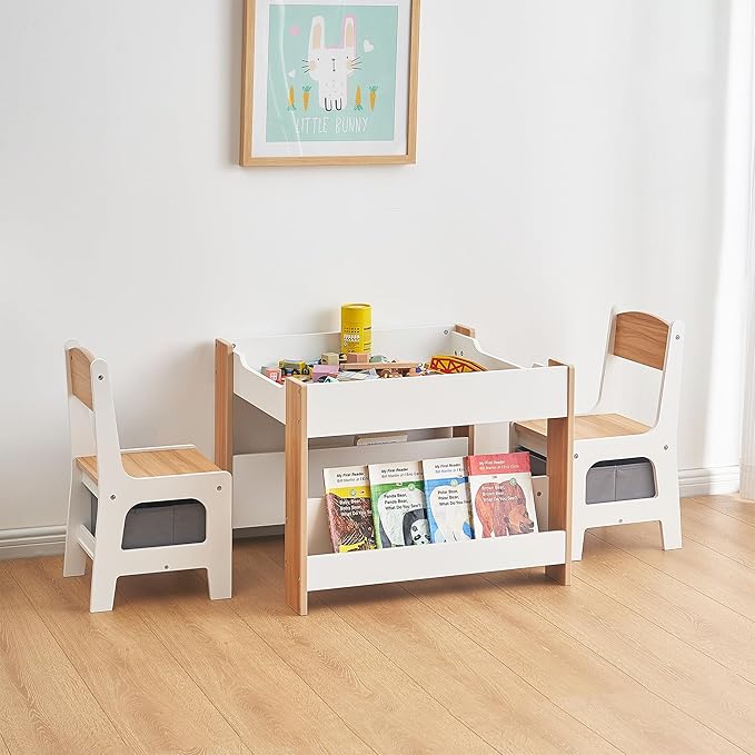 Asweets Kids Table and Chair Set, 4 in 1 Toddler Desk with Storage Drawer,Wooden Activity Table for 2 in 1 Detachable Tabletop,Bookshelf,Suitable for Classroom,Home,Nursery,Playroom (Natural White)