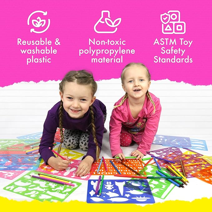 Drawing Stencil Kit for Kids, 60 PC Art Set with 370+ Shapes, Sketch Pad, and Colored Pencils for DIY Arts and Crafts for Boys and Girls, Draw with Letter, Animal and Car Stencils, Pink