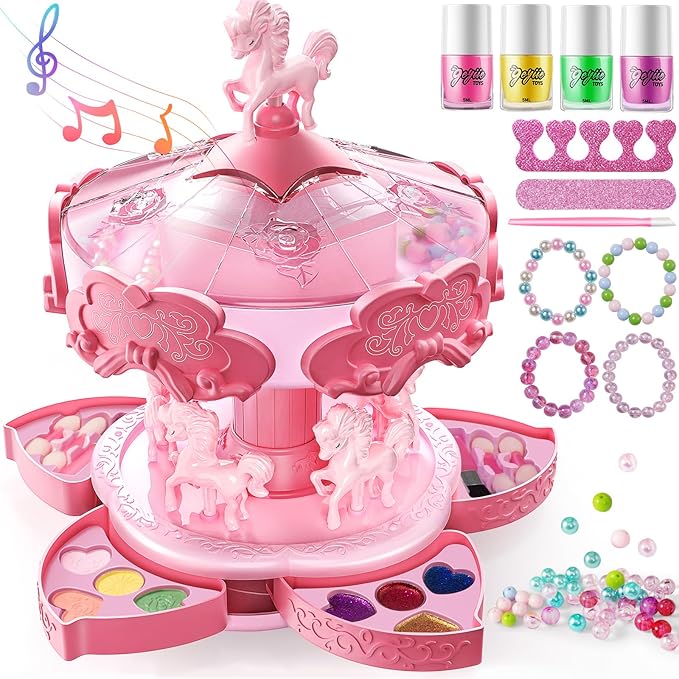 Geyiie Nail Polish Toys Makeup Set with Jewelry Making Kits, DIY Bead Bracelet Making Kit, Girls’ Vanity Set in Carousel, Nail Art Kits Gifts for Girls Teens Age 5-12