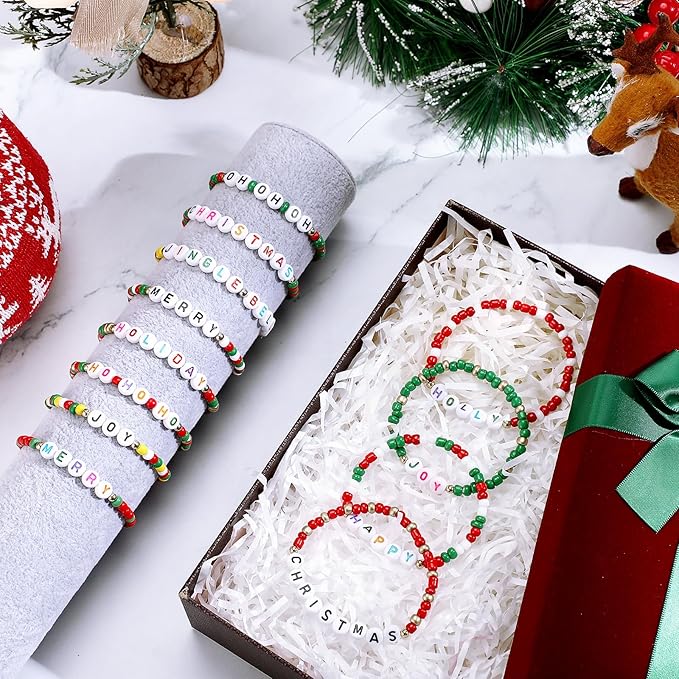 Cunno 36 Pcs Kids Friendship Bracelets for Girls Letter Heart Beads Bracelets Stretchy Cute Bracelet Pretend Play Beaded Bracelets Inspirational Bracelets for Kids (Jingle Bells)