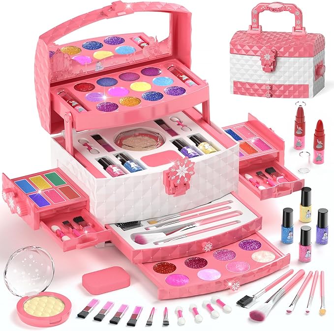 PERRYHOME Kids Makeup Set for Girl 56 Pcs Washable Real Cosmetic, Non-Toxic Frozen Toys Toddler Makeup Kit, Frozen Princess Dress up Kit Christmas & Birthday Girl Gift for 3-12 (Frozen Pink)