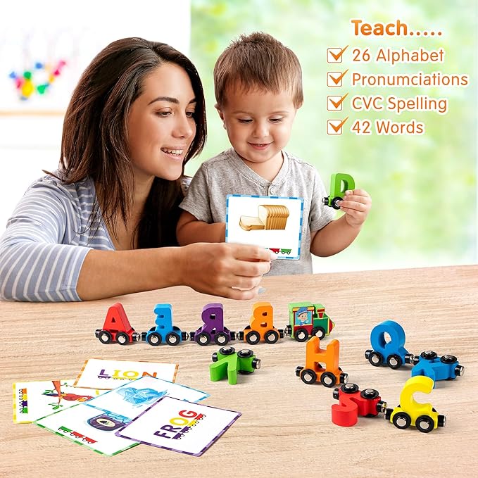 Vanmor 27 PCS Magnetic Wooden Alphabet Train Sets | ABC Letter Learning Toy Trains with 42 PCS Flash Cards, 1 Engine, 1 Storage Bag | Toddlers Kids Boys Girls Educational Toys for 3 4 5 6 7 Years Old