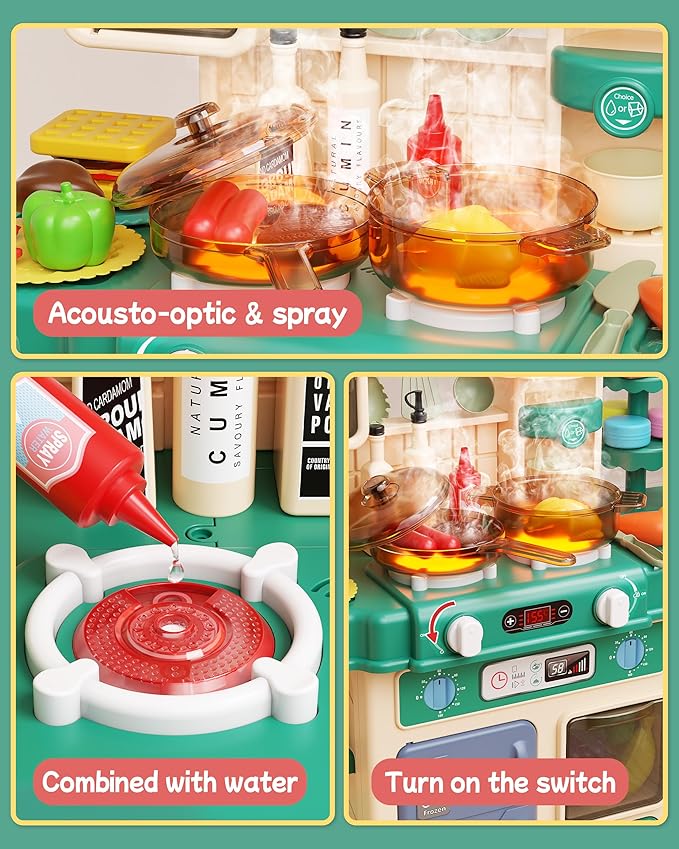 49Pcs Kitchen Playset for Boys & Girls, Kid Play Kitchen with Realistic Lights & Sounds, Spray Sink Toy Kitchen Accessories, Pretend Food Toys Kitchen for Toddlers(Green)