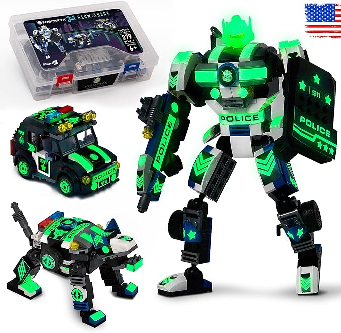 JITTERYGIT Robot Police Mech Glow in The Dark Toy Cop Gift, SWAT Action Figure Buildable STEM Building Superheroes Soldier - Cool Present for Boys, Girls, Kids, Children Ages 6 7 8 9 10 Year Olds