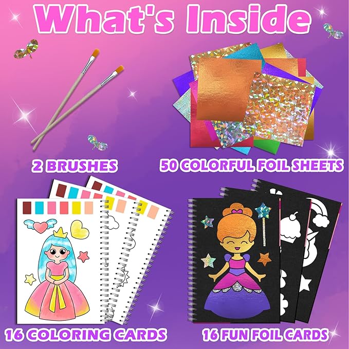 SOOVSY Art & Craft Activity Toys Kit, Foil Animals Crafts Children Fun DIY Creative Toy of The Year, No Mess Art Kits for Kids, Gift for Boys Girls Ages… (Princesses&Coloring)