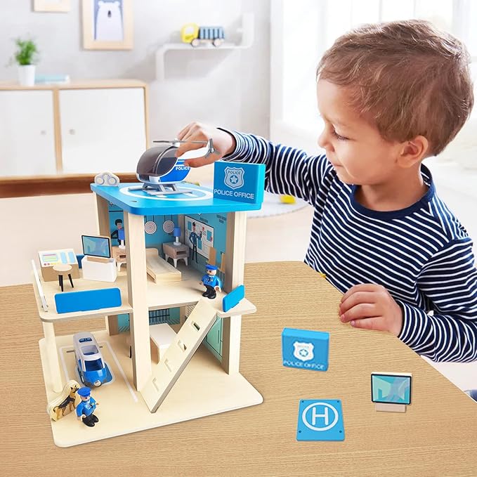 Wooden Police Station Playset Toy, Multicolor 3-Level Pretend Play Dollhouse Set with Figures, Car, Helicopter and Accessories, Preschool Learning Educational Toys for Toddlers Kids Age 3 and up