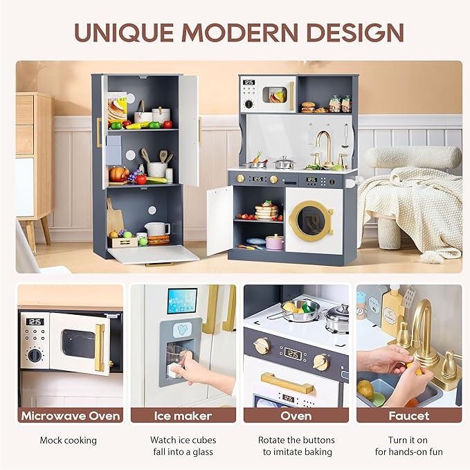 Kids Kitchen Playset with Realistic Design, Luxury Play Kitchen with Extended Storage Cabinets, Toy Kitchen for Toddlers with Coffee Counter, Cookware Accessories, Oven, Microwave (White and Black)
