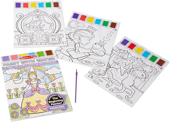 Melissa & Doug Paint With Water - Princess, 20 Perforated Pages With Spillproof Palettes