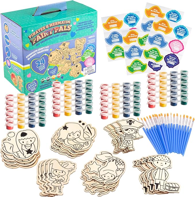 Valentines Cards for Kids Classroom -Mermaid & Pirate Wood Painting Kits (24ct)-Great Valentine's Day Gifts for Kids School Exchange -Each Valentine has Craft, Paints, Brush & Sticker for Boys & Girls