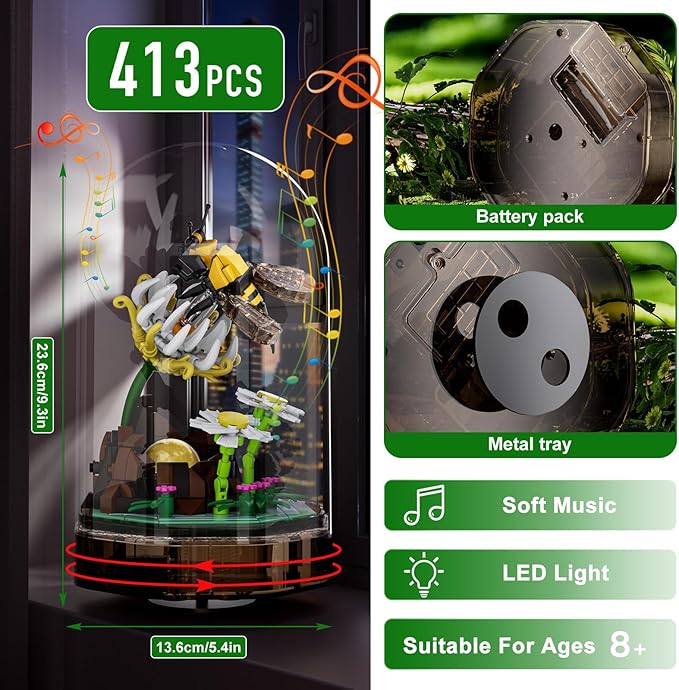 Mould King Bee Insect Building Block Set, Creative Flower Bug Kits Toys with Music Display Box, Collection DIY Office Home Decor for Adutls Kids Girls 8+, 10104